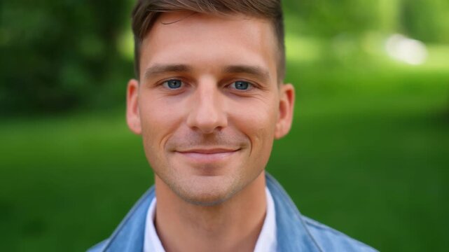 Smiling young adult man maintains direct eye contact as portrait framing gradually tightens from shoulders to face, wearing blue denim jacket over white shirt against soft green park background