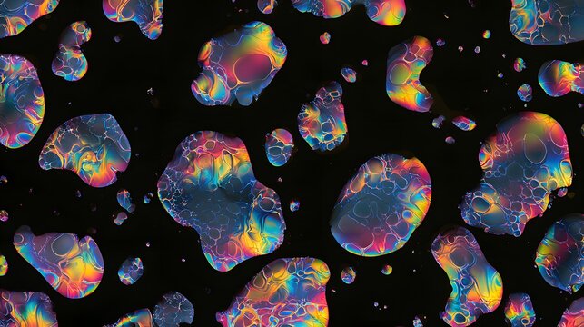 Iridescent oil droplets floating on black water surface
