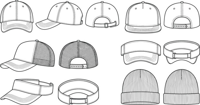 Headwear CAD Vector Collection Baseball Caps Snapbacks Trucker Hats Sun Visors and Knit Beanies Flat Sketches