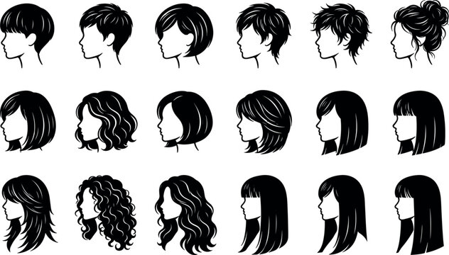 Black Women Hairstyle Silhouette Vector Set with Short Bob, Pixie, Wavy, Curly, Straight Long Hair, Bangs, and Bun Profile Heads for Salon Designs