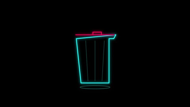 Neon line art trash bin animation loop on black background