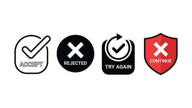 Set of web interface buttons featuring accept rejected try again and continue command icons