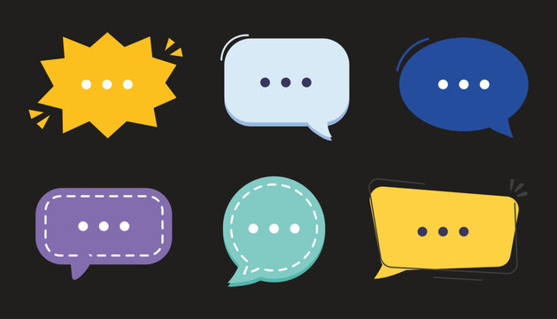 Speech bubble set. Collection of cute chat box icons and dialogue message elements for communication, social media, and web design. Flat vector illustration isolated on dark background.