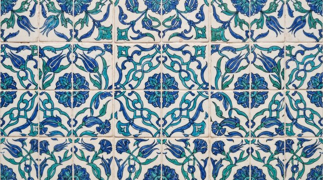 Generated with AI. Symmetrical pattern of classic wall ceramic tiles with blue flower decorations and green leaves.