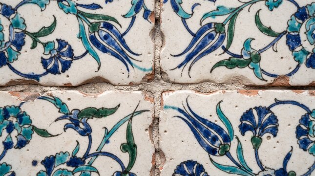 Generated with AI. Close-up detail of four Iznik ceramic tiles with dark blue and green tulip floral patterns set in mortar.
