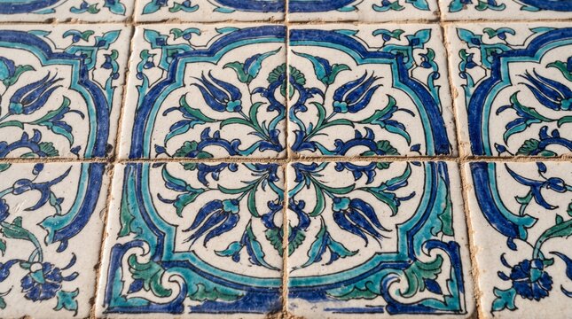 Generated with AI classic tulip motif on Iznik style ceramic tiles in cobalt blue.