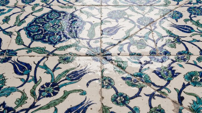 Generated with AI. Low-angle close-up view of glazed ceramic tiles arrayed with cobalt blue and turquoise floral patterns.