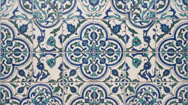 Generated with AI. Symmetrical arrangement of glazed wall ceramic tiles with cobalt blue and turquoise geometric floral ornaments.