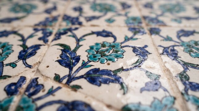 Generated with AI close up texture of glazed ceramic tile with hand painted floral motifs.