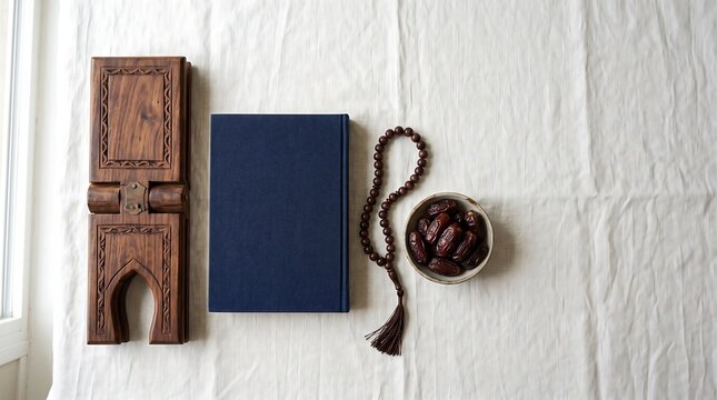 Wooden bookstand navy journal prayer beads and dates rest on white fabric