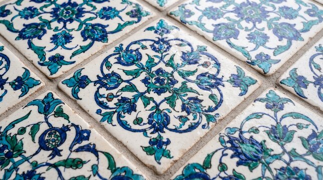 Generated with AI. Surface texture of glossy ceramic tiles painted with symmetrical floral ornaments in traditional blue and turquoise.