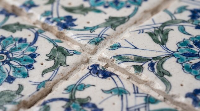 Generated with AI. Close-up macro shot of vintage ceramic tile joints showing blue and green painted floral patterns.