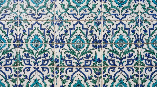Generated with AI. Seamless background pattern of antique ceramic tiles with blue and green floral vine motifs.