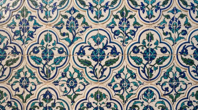 Generated with AI. Antique ceramic tile surface texture with symmetrical floral medallions enclosed in blue frame patterns.