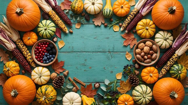 Autumn harvest arrangement with pumpkins gourds and berries on rustic wood background