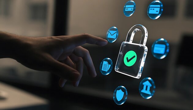 A hand reaches toward a glowing padlock icon surrounded by digital security and finance symbols access agreement banking
