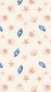 Watercolor seashell and starfish pattern on cream background