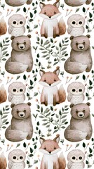 Fototapeta premium Woodland animals pattern with fox bear and owl on white background