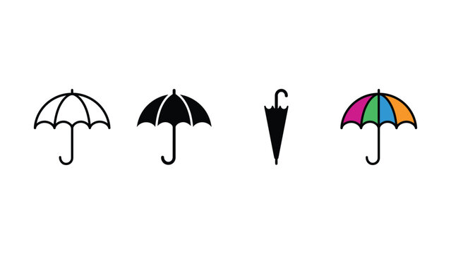Set of diverse umbrella icons including open closed and colorful rain parasol designs