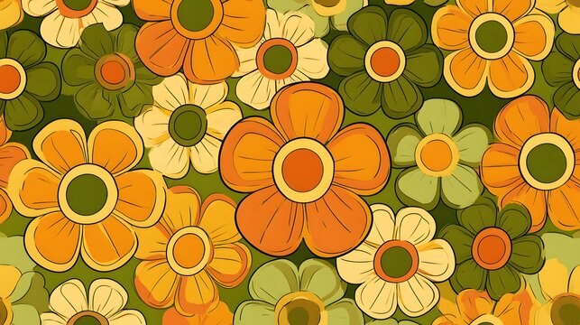 Retro floral pattern with orange and green daisies