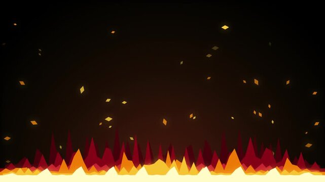 Intense digital fire landscape featuring sharp geometric triangular flames in vibrant orange and red shades with floating glowing embers rising against a dark background for gaming environment art