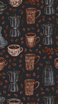 Repeating pattern of coffee cups espresso beans and moka pots