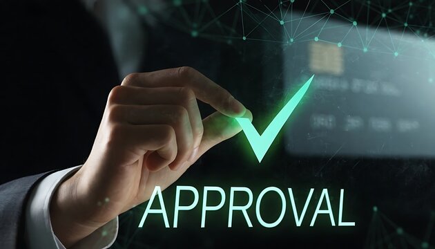 A hand points toward a glowing checkmark symbol over a blurred credit card display acceptance agreement approval authorize