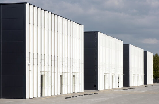 Modern industrial office buildings with clean geometric lines