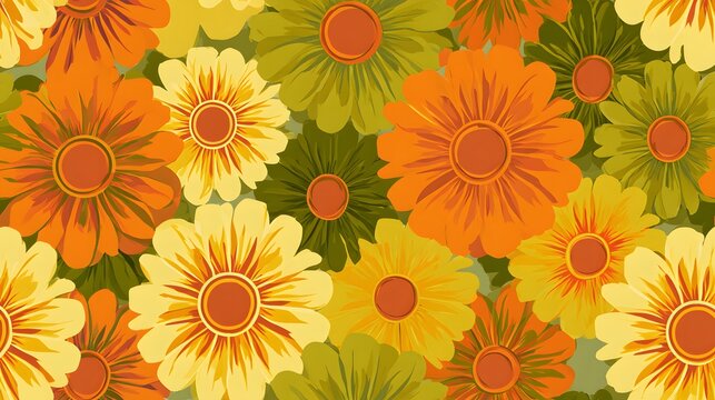 Seamless pattern of retro daisies in orange and avocado green