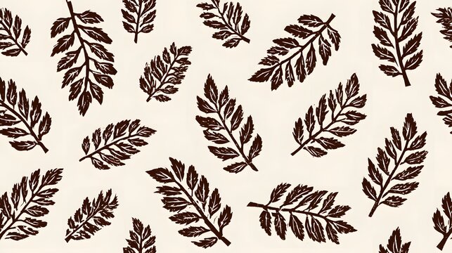 Seamless pattern of brown linocut print fern leaves on cream paper