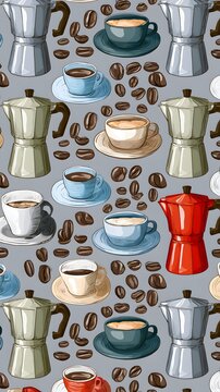Repeating pattern of coffee cups moka pots and espresso beans