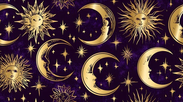 Gold celestial sun and moon pattern on purple cosmic background