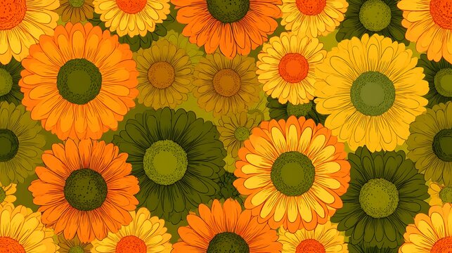 Seamless pattern of orange and yellow daisies with green centers
