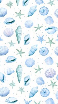 Watercolor seashell and starfish pattern on white background