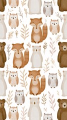 Fototapeta premium Hand drawn woodland animals pattern with fox bear and owl
