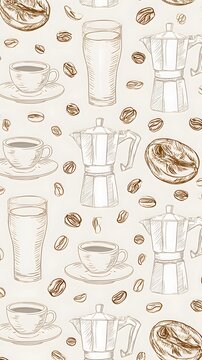 Hand drawn coffee cup and moka pot repeating pattern