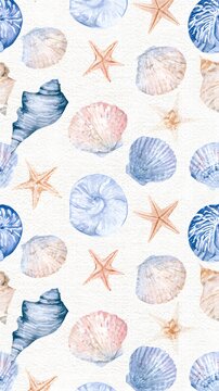 Watercolor seashell and starfish pattern on white paper texture