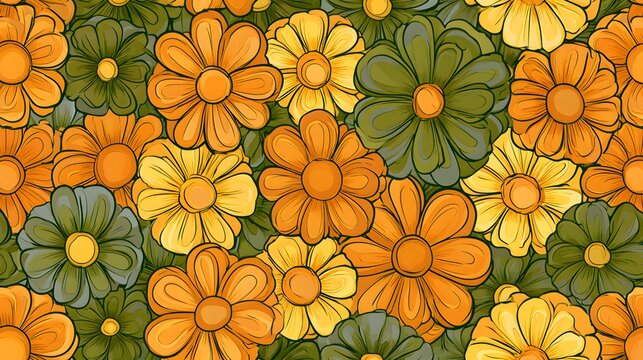 Seamless pattern of retro groovy daisies in orange and green