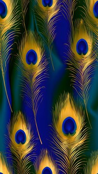 Golden peacock feather pattern on blue and green fabric