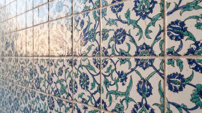 Dinding berpola ubin keramik hias floral biru dengan efek kedalaman perspektif miring