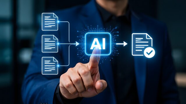 A business professional interacts with a digital holographic interface, using artificial intelligence to process multiple document workflows into a single verified file.