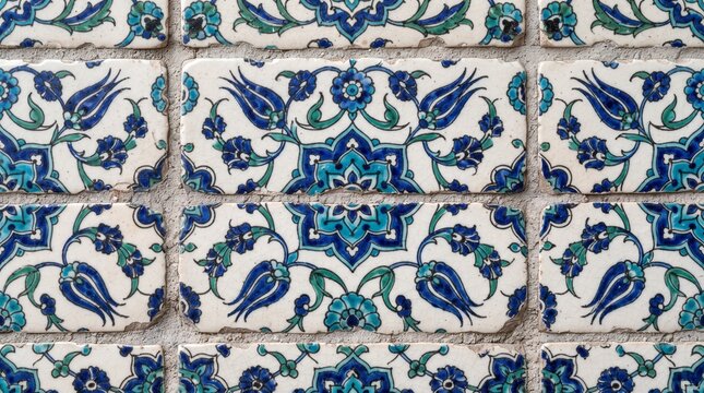 Generated with AI Decorative ceramic tile wall with traditional Armenian floral patterns featuring blue and green tulips.