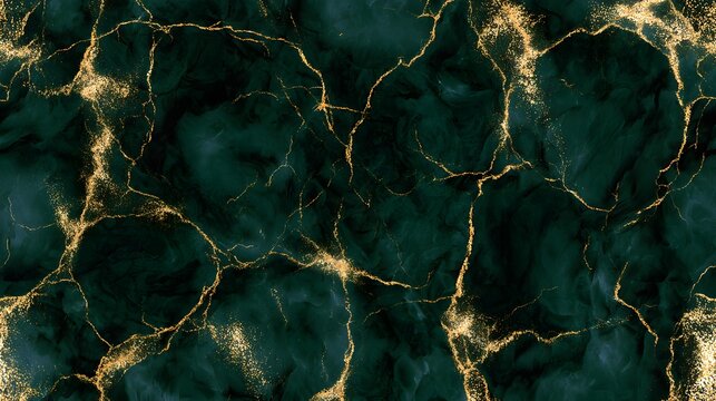 Dark emerald green marble texture with gold dust veins