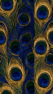 Golden peacock feathers on royal blue and emerald green background