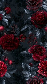 Dark crimson roses and black foliage in a botanical pattern