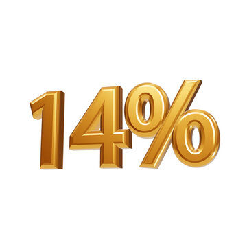 Golden three dimensional fourteen percent text symbol for retail sales and promotion events 14 percent isolated on a transparent background