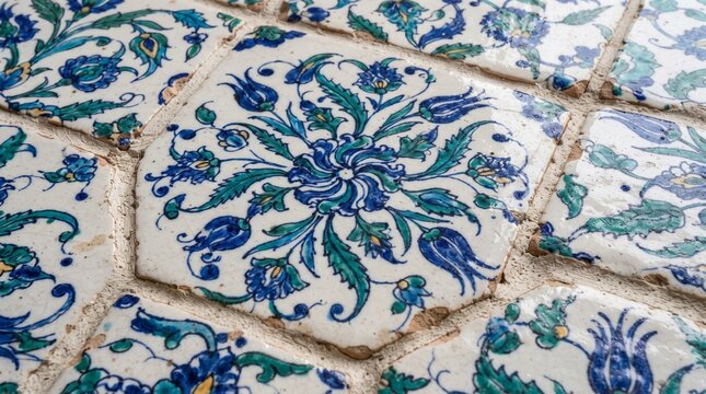 Generated with AI hexagonal Armenian ceramic tile with circular floral motif and surrounding tiles