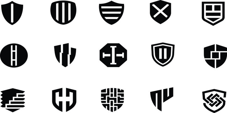 Striped line pattern shield icons set with geometric armor security badge defense crest vector