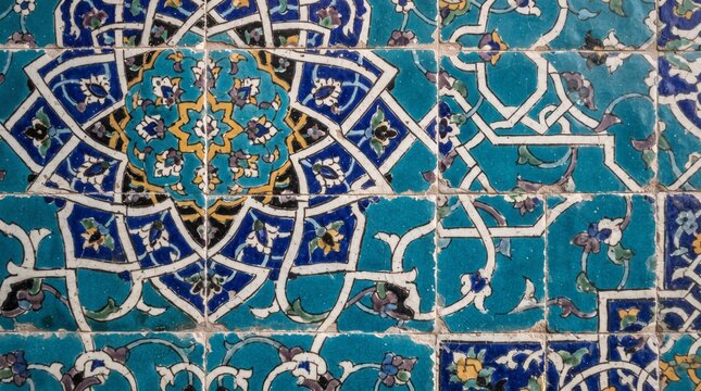 Generated with AI Floral and geometric rosette motif on glazed ceramic tiles with subtle crackle texture in deep blue and turquoise hues.