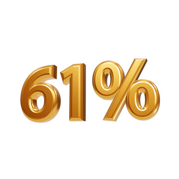 Shiny 3D gold sixty-one percent off sale discount sign isolated on a black background, for retail event isolated on a transparent background